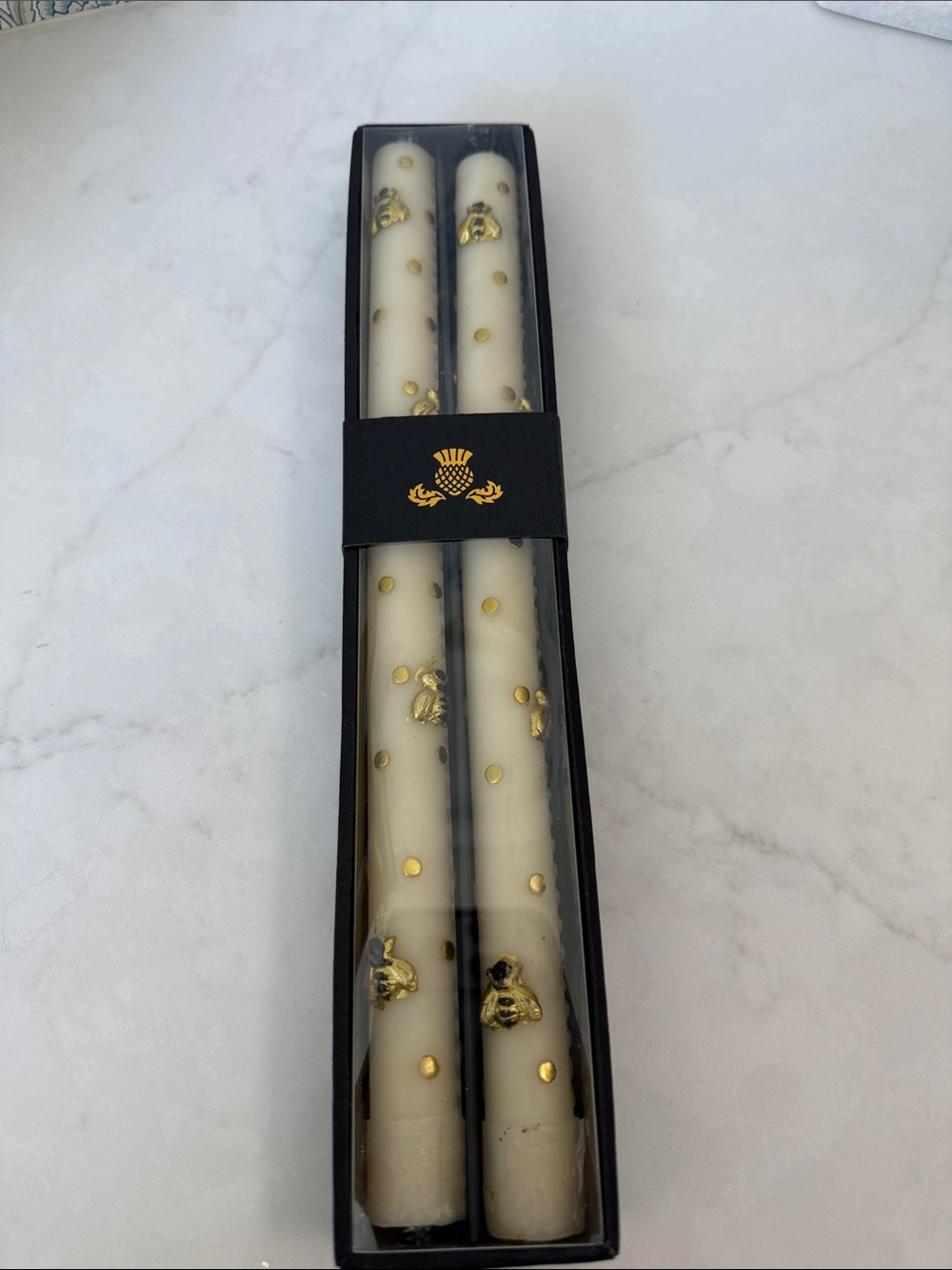 MacKenzie-Childs White Taper Candles with Gold Accents